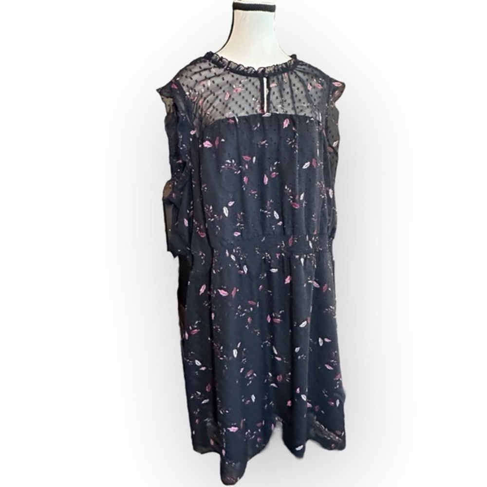 Women’s 2X Reitmans Black Polka Dot Mesh & Floral Ruffled Sheath Dress 18 20